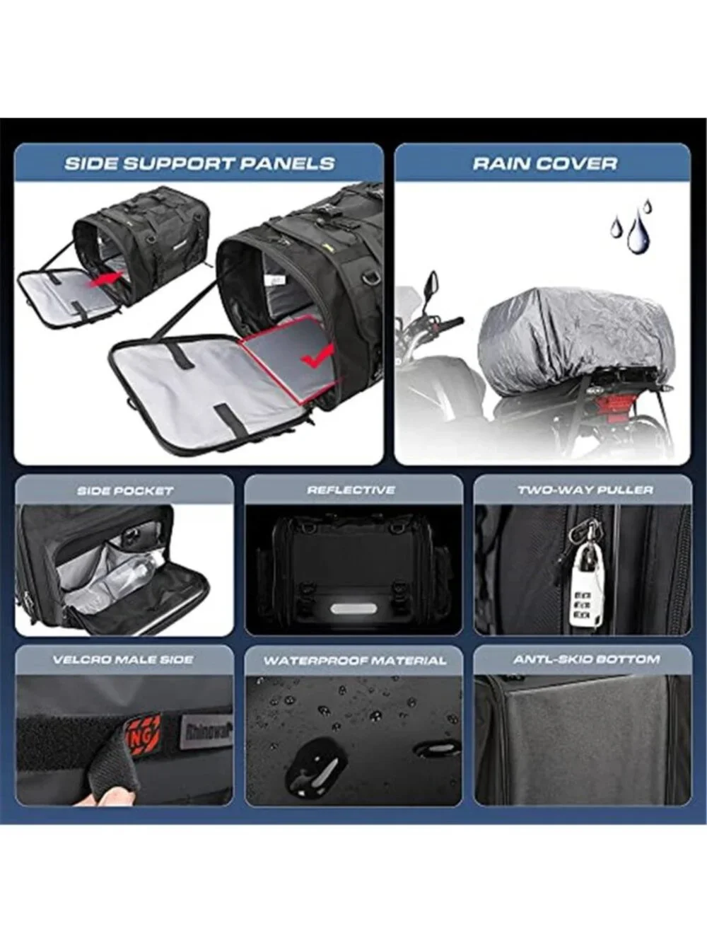 New Rhinowalk Motorcycle Tail Bag Expandable Motorcycle Travel Luggage 60L